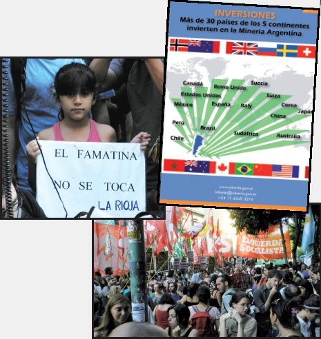 Izquierda: Las nuevas generaciones defienden el agua y su suelo. Derecha: Multinacionales que saquean nuestros recursos naturales. Abajo: Marcha frente a la Casa de Catamarca en Capital en repudio a la represin en Tinogasta