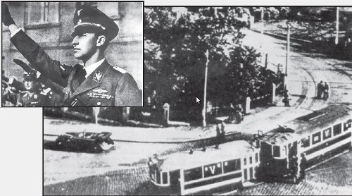 El auto de Heydrich, despu�s del atentado, se ve a la izquierda. La operaci�n �Antropoide� fue ejecutada por los combatientes Gabchik y Kubis, en la curva de la calle Rude Avmady de Praga, frente a una parada de tranv�as. Arriba: Reinhard Heydrich muri� ocho d�as despu�s del atentado.