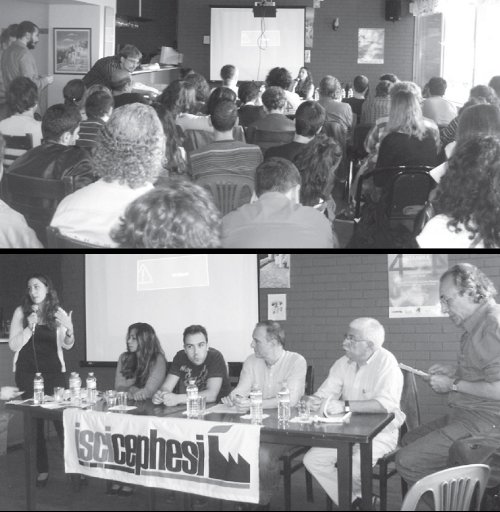 Izq.:Vista del acto en Estambul. Der.: De izquierda a derecha: Cemre Sava dando inicio al acto (Frente Obrero Turqua), Rosi Messias (CST Brasil), Stefanos Ioannidis (OKDE Grecia), Joseph Lluis (LI - Estado Espaol), Miguel Sorans (UIT-CI) y Muhittin Karkin (CEI).