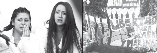 Izq.: Las hermanas Jara en el juicio. Der.: Carteles alusivos exigiendo su libertad