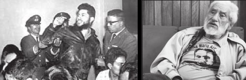 Izquierda: En el consejo de guerra en Tacna (1966), Blanco grita “Tierra o muerte”. El público respondió “venceremos”. Derecha: Hugo Blanco hoy.