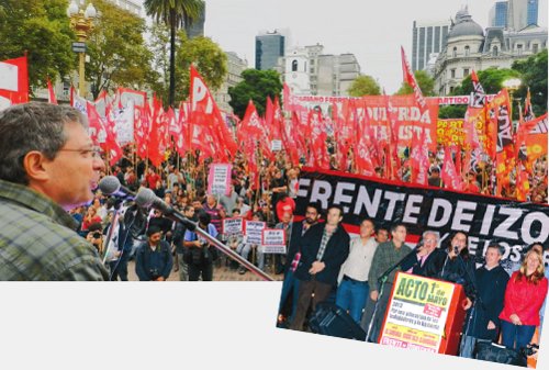 Giordano hablando en el acto. Dirigentes del FIT en el palco momentos antes de cantar la Internacional