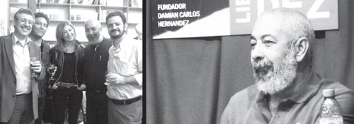 Izquierda: El escritor cubano junto a nuestro dirigente José Castillo, Diego Rojas y Hernán Camarero de la asamblea de intelectuales del FIT. Derecha: Padura en la charla que brindó en la libreria Hernández.