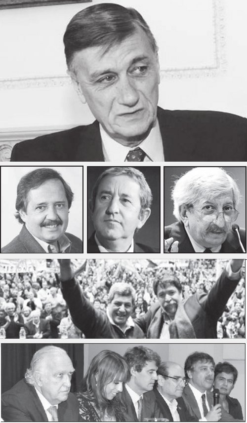 De arriba a abajo: El titular del FAP pone huevos en distintas canastas; Alfonsn, Cobos y Caputo; De Gennaro y Lozano; Gil Lavedra (UCR), Donda, Prat Gay, Tumini.