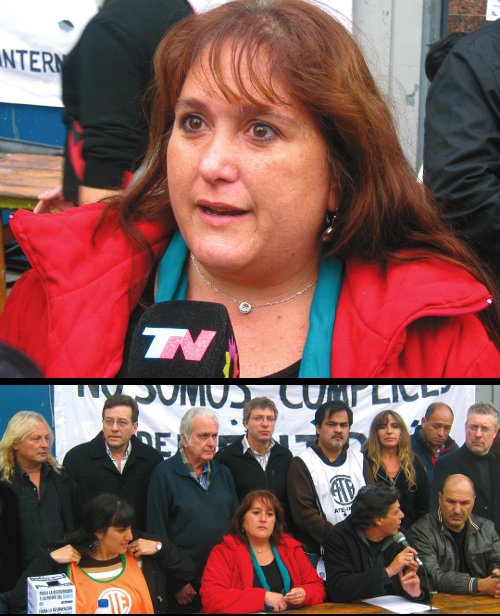 Marcela haciendo declaraciones a los medios. Abajo, la conferencia de prensa