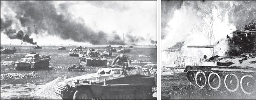 Imágenes de la batalla de Kursk: el frente alemán (izquierda) y un tanque soviético T34 (derecha)
